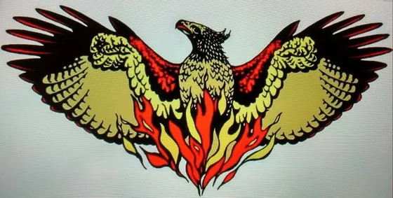 A phoenix rising from flames, in red, gold and black
